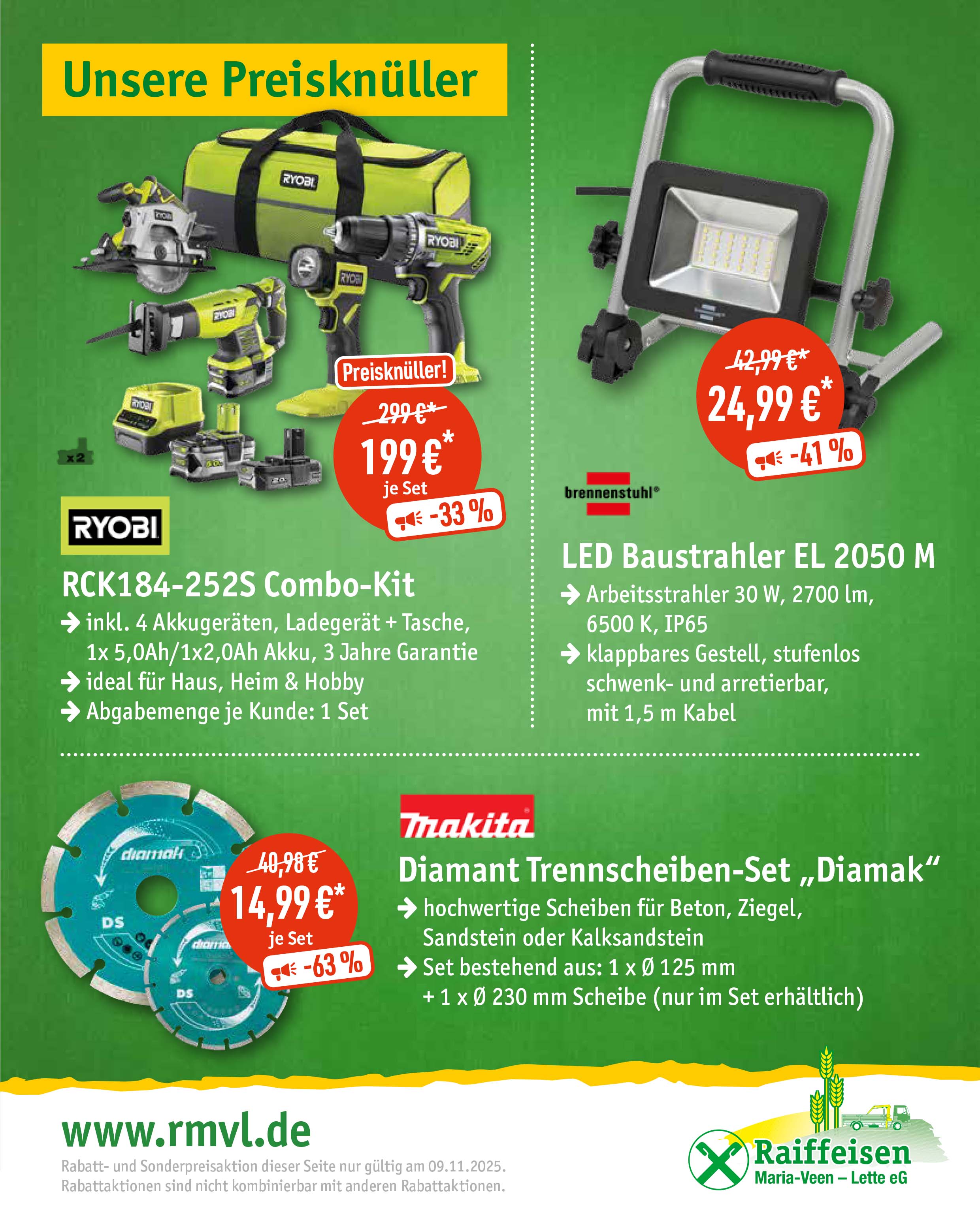Zwei Werkzeugsets und ein LED Baustrahlerspot auf grünem Hintergrund mit Preisen und Rabatten