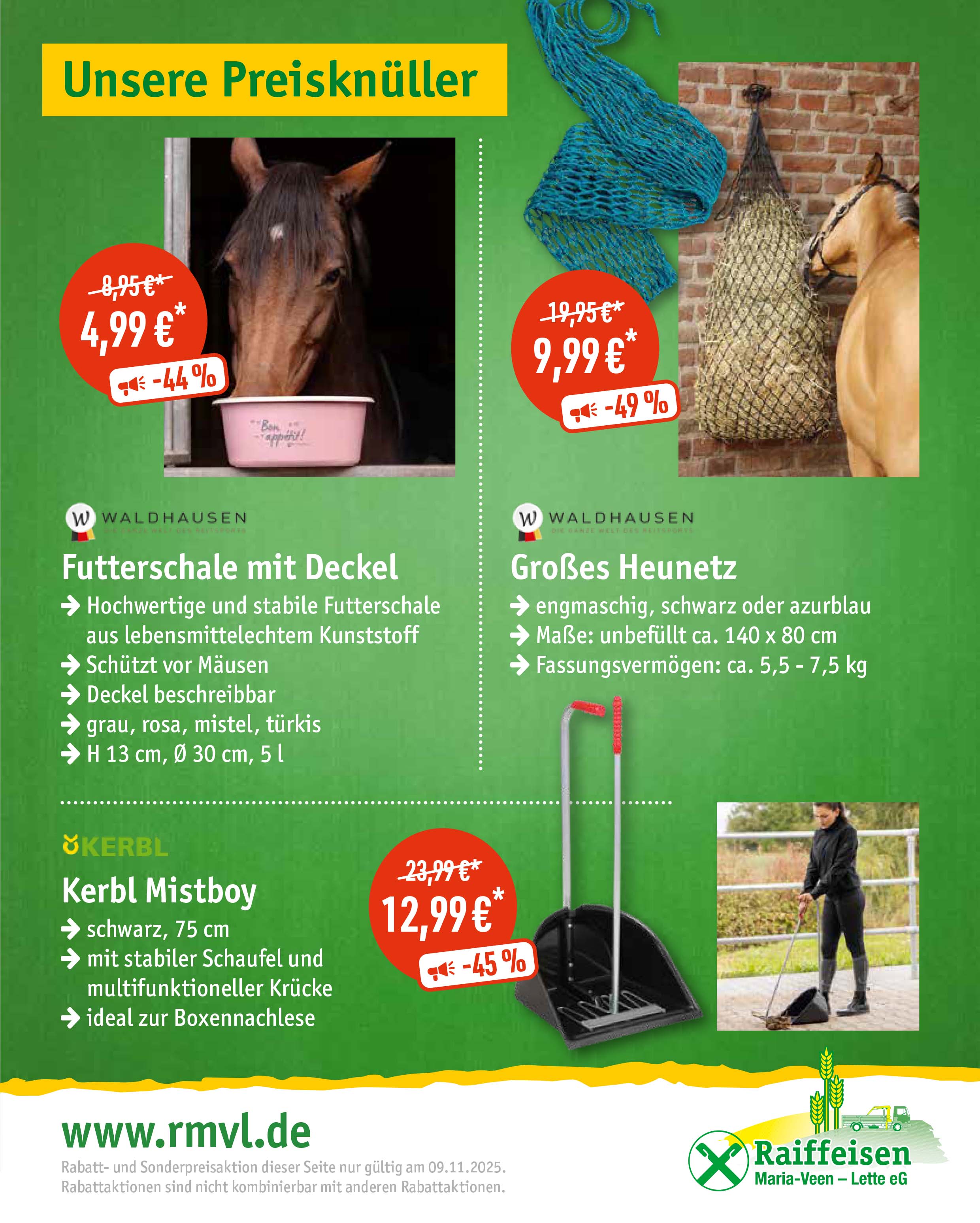 Vier Produkte mit hellgrünem Hintergrund, darunter Futterschale, Heunetz und Mistboy