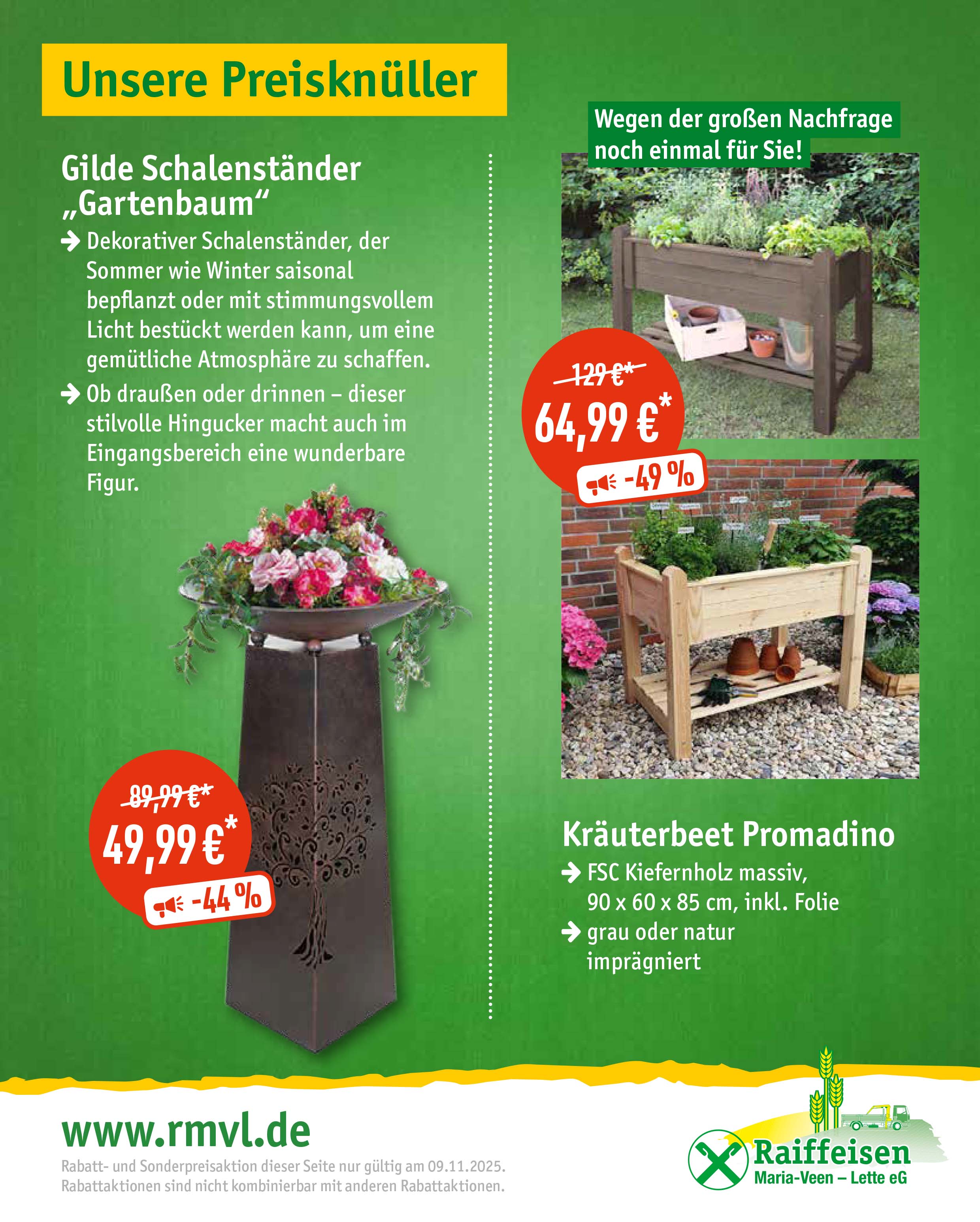 Ein dekorativer Holz Schalenständer und ein Pflanzkasten mit bunten Blumen im Garten