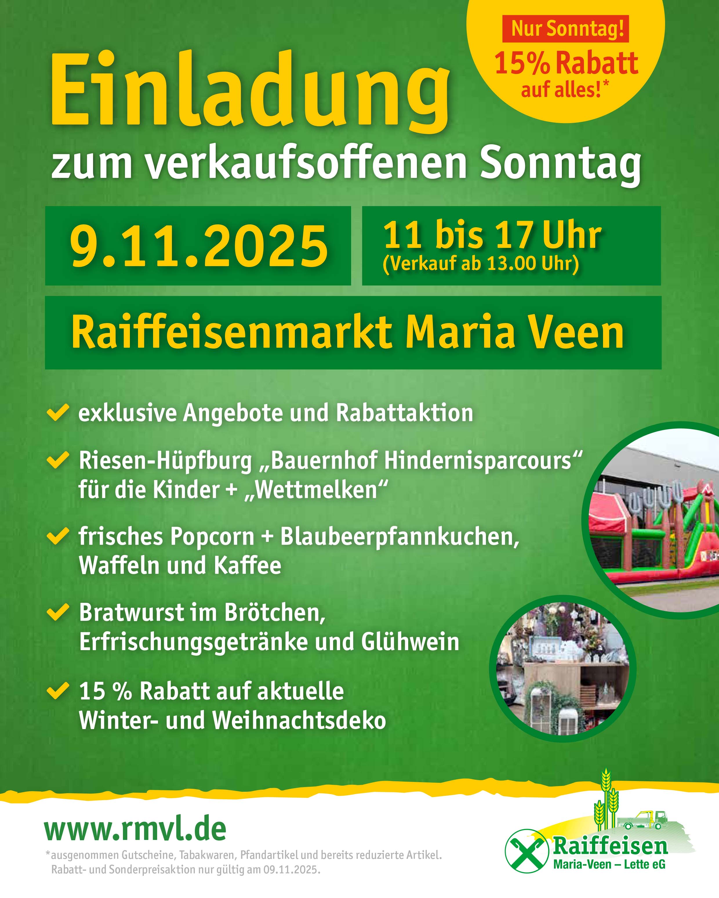 Grüner Einladungsflyer für einen verkaufsoffenen Sonntag mit gelben und weißen Texten